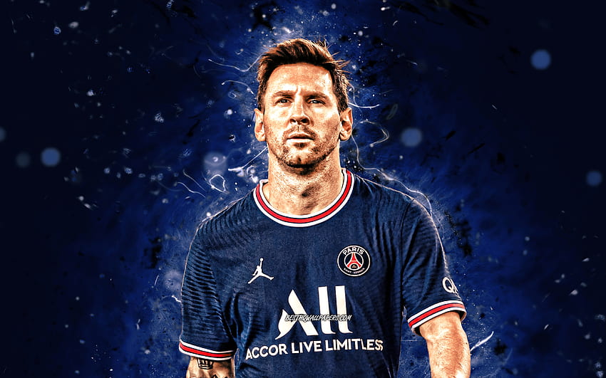 Lionel Messi Paris Saint-Germain, , blue neon lights, PSG, argentinian ...