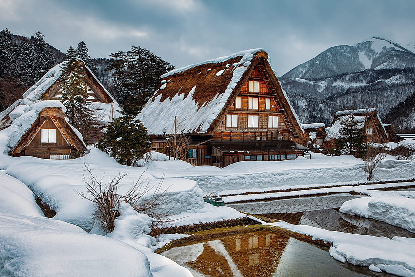 Winter House in Japan-Shirakawa-go, 시라카와, 겨울, 일본, 이동 HD 월페이퍼