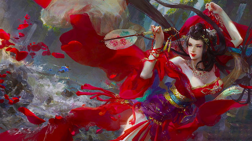 Kimono Merah, kimono, seni, jepang,, geisha, gadis, wanita, digital, fantasi, cantik, merah Wallpaper HD