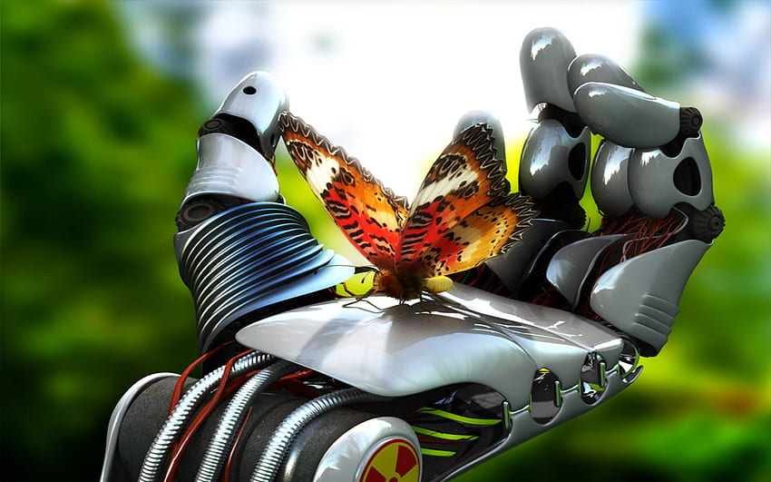 Fragile, finger, robot, butterfly, fantasy, nature, mechanic, hand HD wallpaper