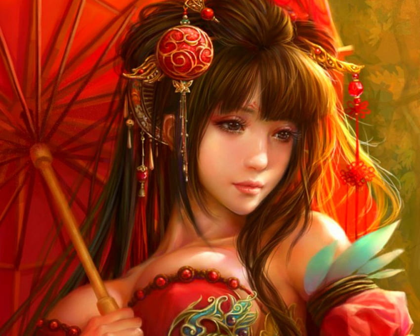 Fantasy Girl, face, fantasy, woman, red HD wallpaper