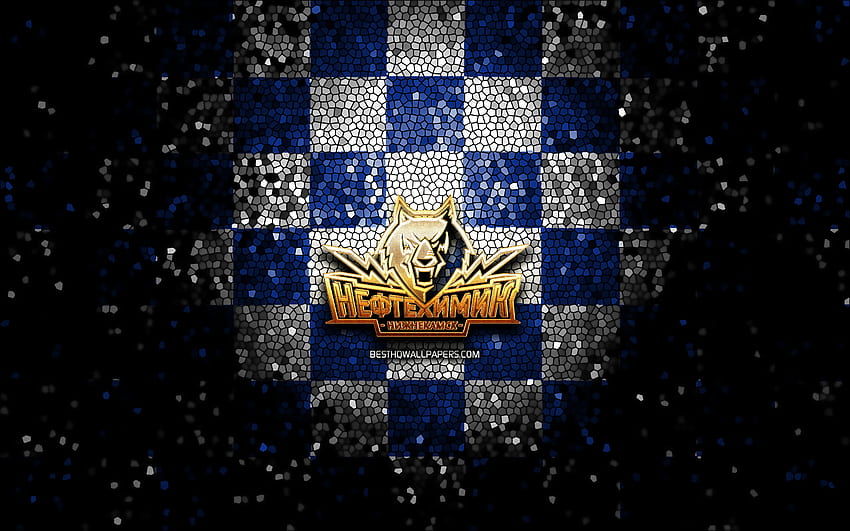 Neftekhimik Nizhnekamsk, glitter logo, KHL, blue white checkered background, hockey, Kontinental Hockey League, Neftekhimik Nizhnekamsk logo, mosaic art, russian hockey team, HC Neftekhimik Nizhnekamsk HD wallpaper