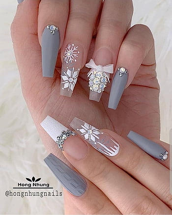 Amazon.com: Winter Nude French Tip Press on Nails Medium Square Fake Nails  with Designs Snowflake Silver Glitter Nail Tips Christamas Full Cover  Acrylic Coffin False Nails Glue on Nails for Women and