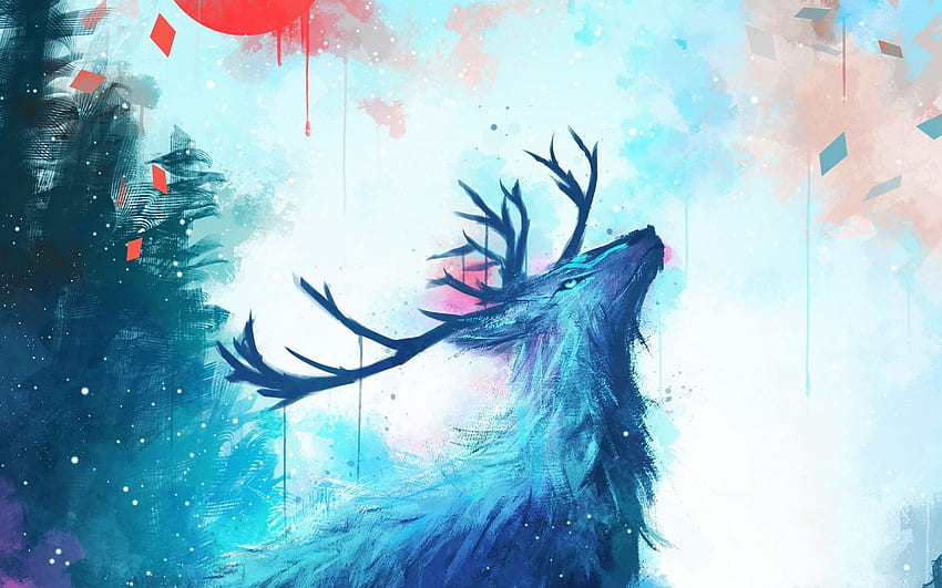 ciervos, astas, sol, goteos, pintura, ancha de arte 16:10, ciervo colorido fondo de pantalla