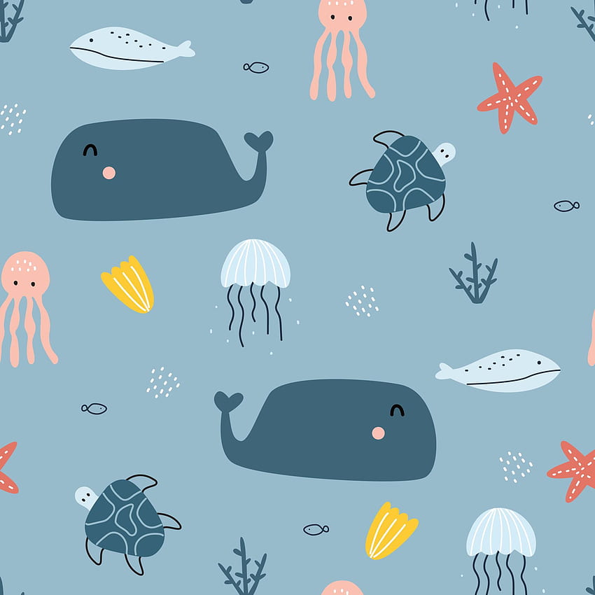 Blue whale seamless pattern with marine life 귀여운 동물 만화 배경 For Prints, , Garments, Textiles, Vector Illustration 4991981 벡터 아트 at Vecteezy HD 전화 배경 화면