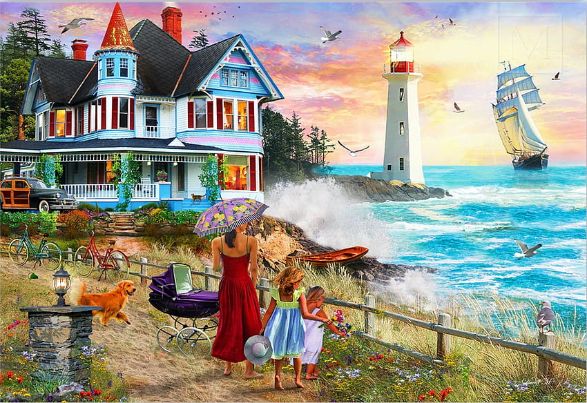 Picking Wildflowers, artwork, dog, sea, lighthouse, coast, cottage, sailboat, people, digital HD wallpaper
