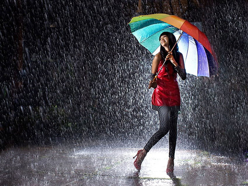 chica con paraguas bajo la lluvia, paraguas lluvioso fondo de pantalla