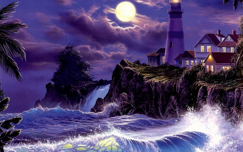 Fantasy Landscape, sea, landscupe, moon, fantasy HD wallpaper