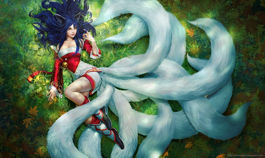 Ahri, white, art, girl, fox, view from the top, fantasy, green, red, lol, luminos, alex negrea, nine tails HD wallpaper