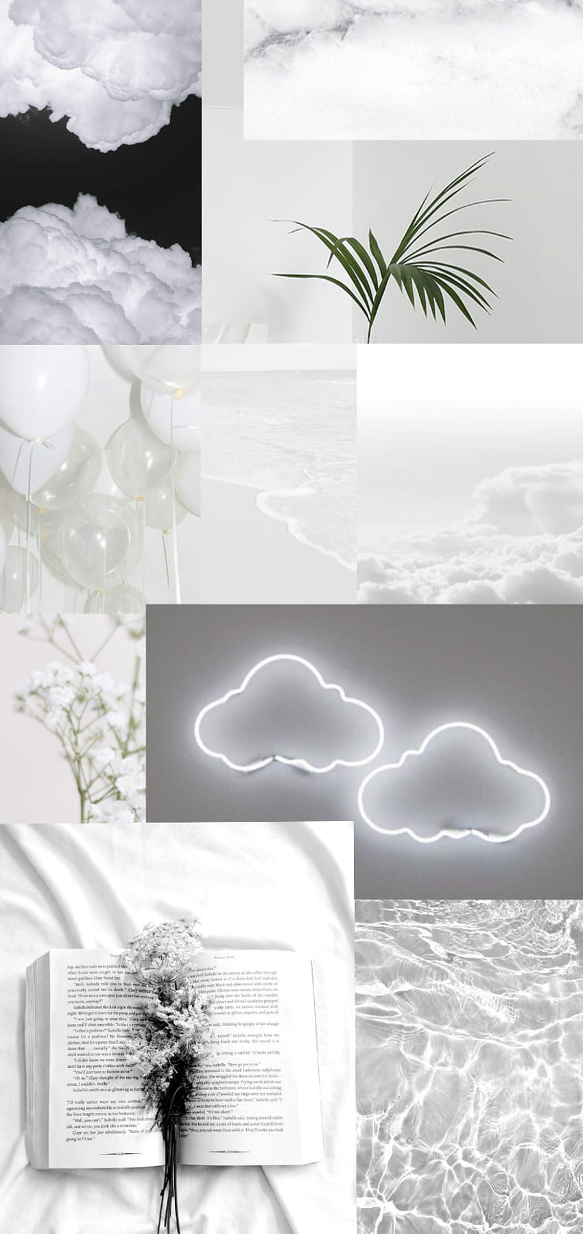 Ästhetische weiße Stimmung, Wolke, Blumen, Himmel, Marmor, Collage, Ozean, Stimmungstafel, Wasser, Blume HD-Handy-Hintergrundbild