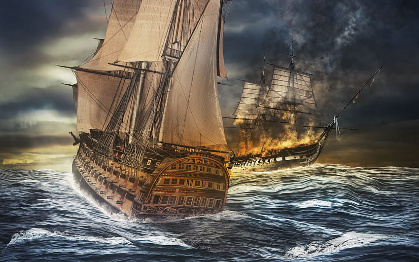 statki, morze, burza, bitwa morska Tapeta HD