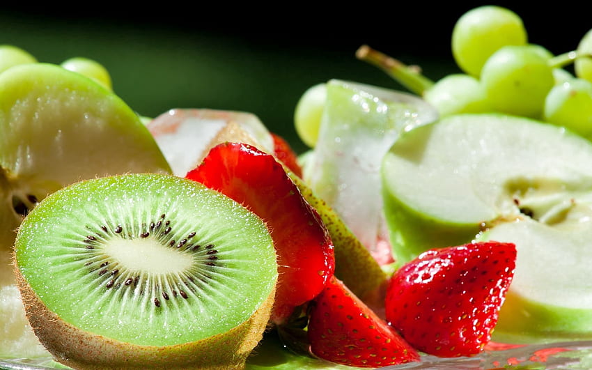Obst, Lebensmittel, Erdbeere, Äpfel, Kiwi, reif, sortiert, saftig HD-Hintergrundbild