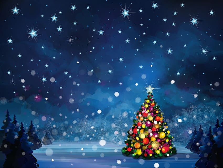 Winter Glow, blue, winter, glow, stars, fir, pine, Christmas tree, clouds, trees, vector, sky HD wallpaper