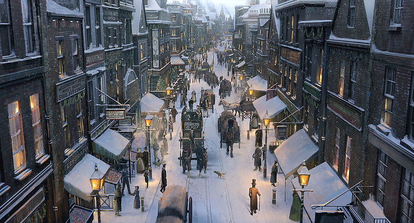 Sanat şehri kar kış sokak arabaları atlar insanlar Noel . HD duvar kağıdı