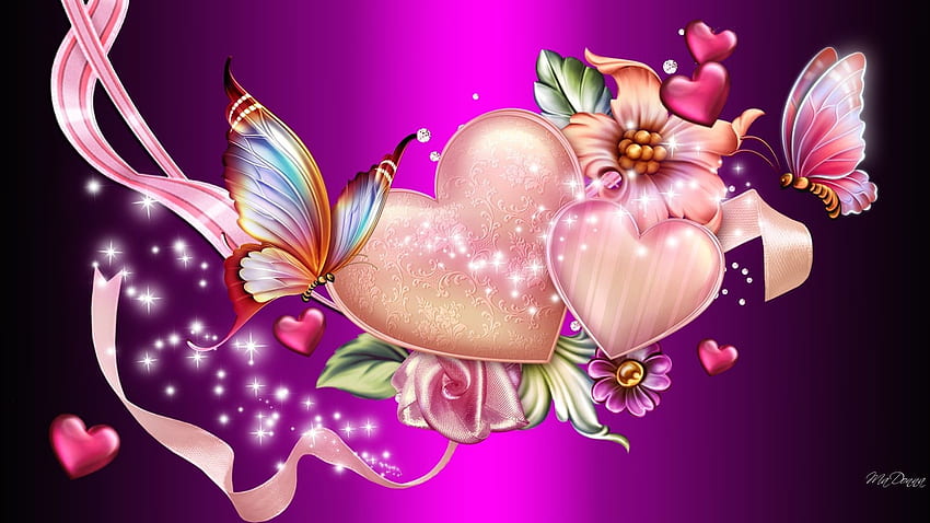 Coração e flores e borboletas - papel de parede HD