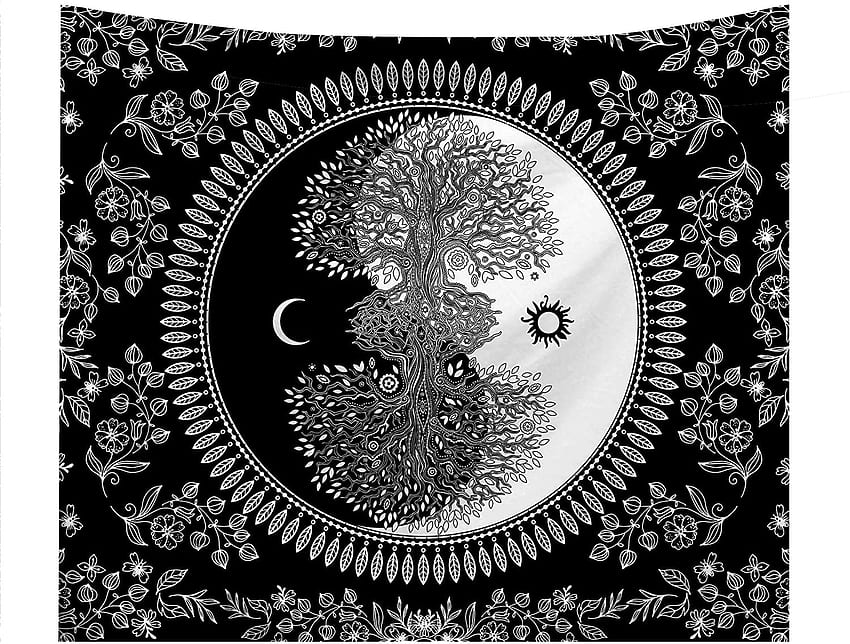 Tapisserie psychédélique soleil et lune tenture murale tapisserie Yin Yang Art arbre de vie bohème hippie noir blanc décoration murale couverture pour salon chambre dortoir pouces : tout le reste Fond d'écran HD