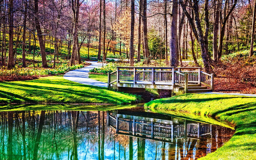 Reflective pool at Gibbs Garden in north Georgia in early Springtime, path, bridge, trees, water, reflections, usa HD wallpaper