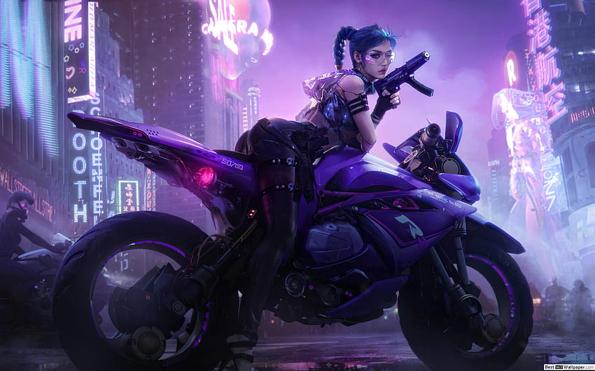 Cyborg Biker Girl (Cyberpunk Art), Motorradzeichnungen HD-Hintergrundbild