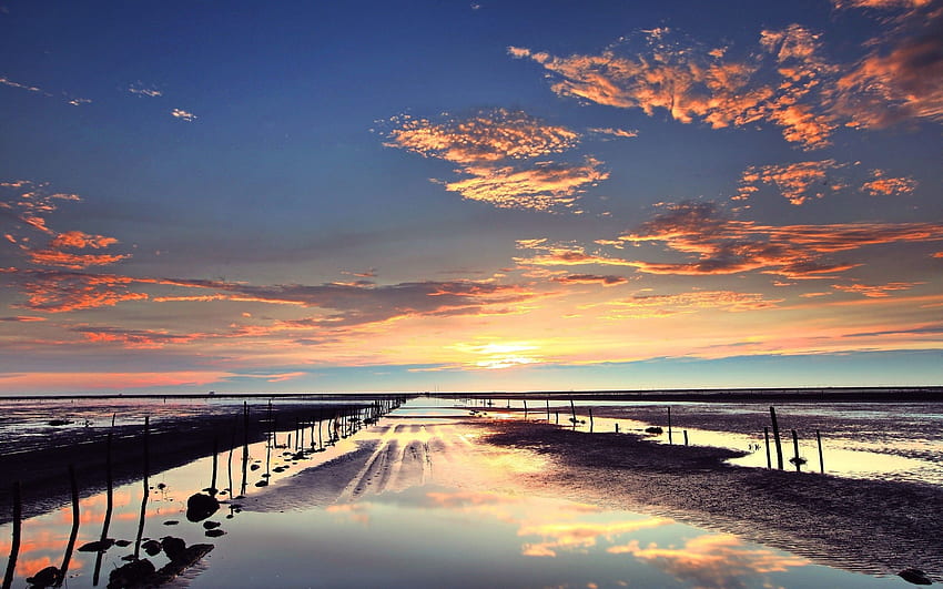 Nature sand pink wet pools evening sky HD wallpaper