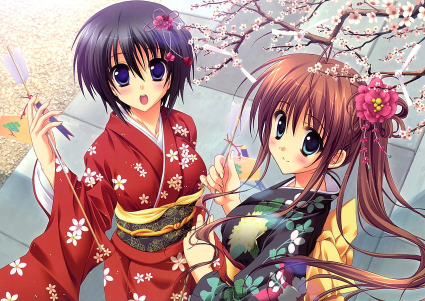 minato y amigo, minato, kimono, akane iro ni somaru saka, anime fondo de pantalla