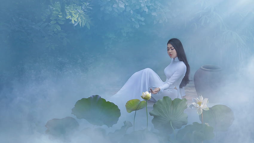 Beautiful Chinese girl, white skirt, lotus, fog, morning Q HD wallpaper