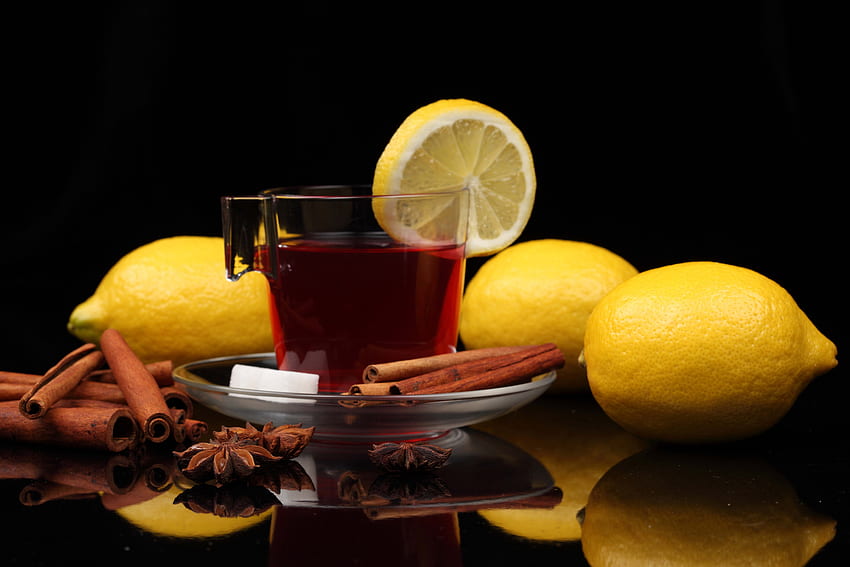 Food, Cinnamon, Cup, Lemon, Black Background, Tea, Sugar HD wallpaper