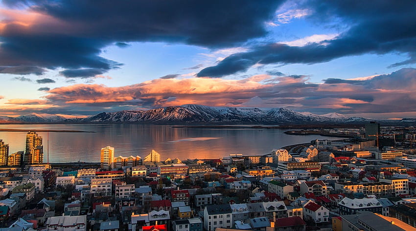 fjord, Iceland, mountains, light, Reykjavik, town City HD wallpaper