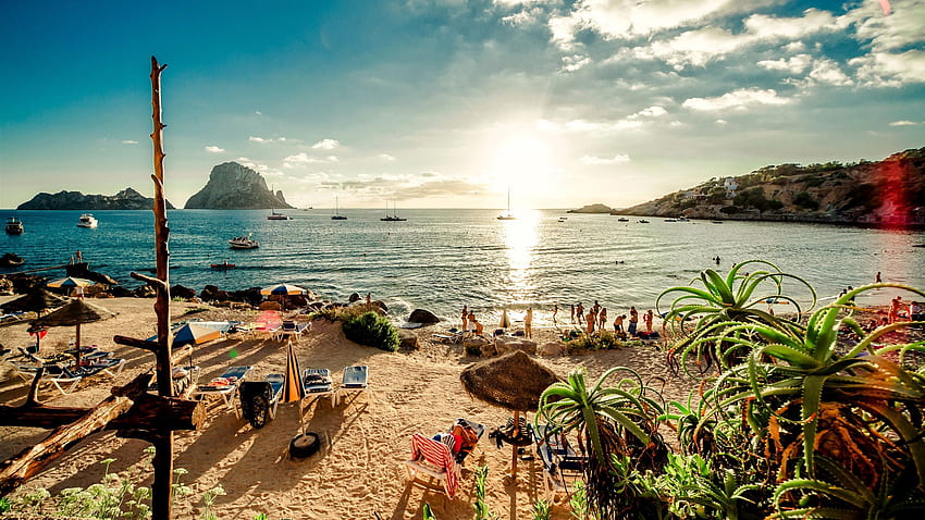 Spain, beach, Ibiza island, sea, sunshine, people HD wallpaper