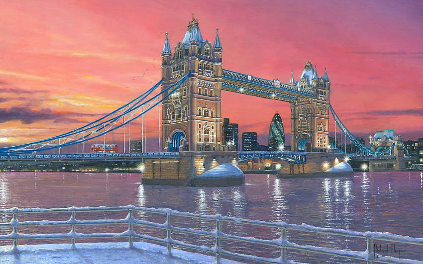 タワー ブリッジ、冬、英語のランドマーク、R、ロンドン、イギリス、イギリス、日没、英語の都市 高画質の壁紙