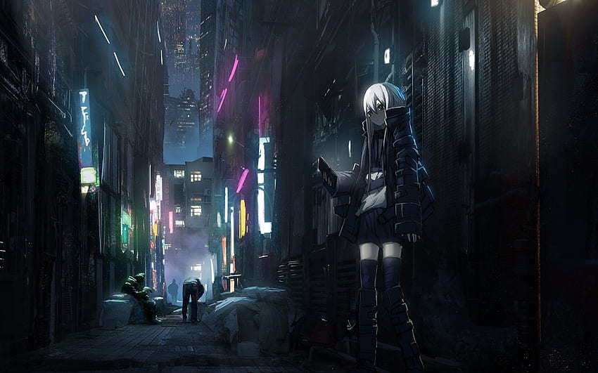 Anime Dark City, Skyscrapers, Back Streets, Girl, People, Neon Lights für MacBook Pro 13 Zoll HD-Hintergrundbild