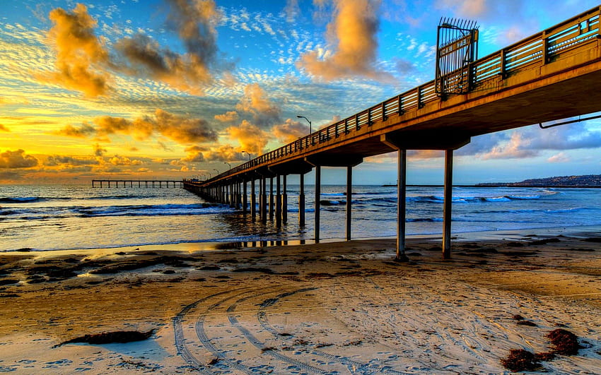 OCEAN BRIDGE, Mer, San Diego, jetée, plage, quai, Côte, nuages, nature, ciel, Californie Fond d'écran HD