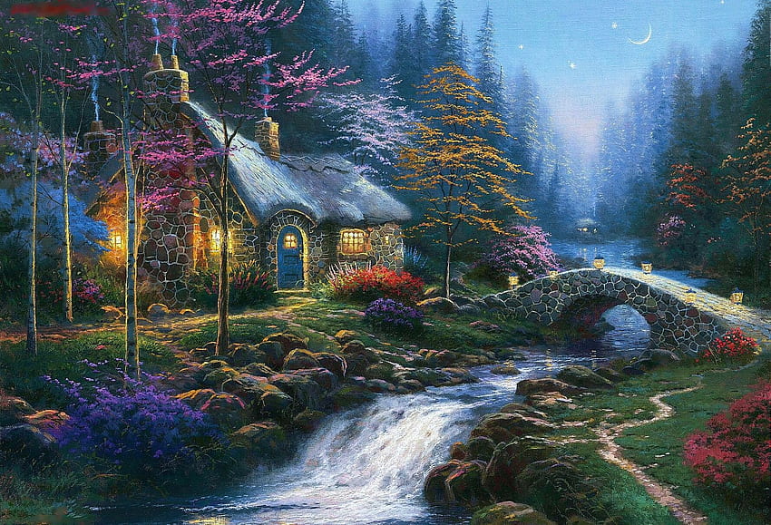 Twilight Cottage, forest, house, river, painting, bridge, trees HD wallpaper