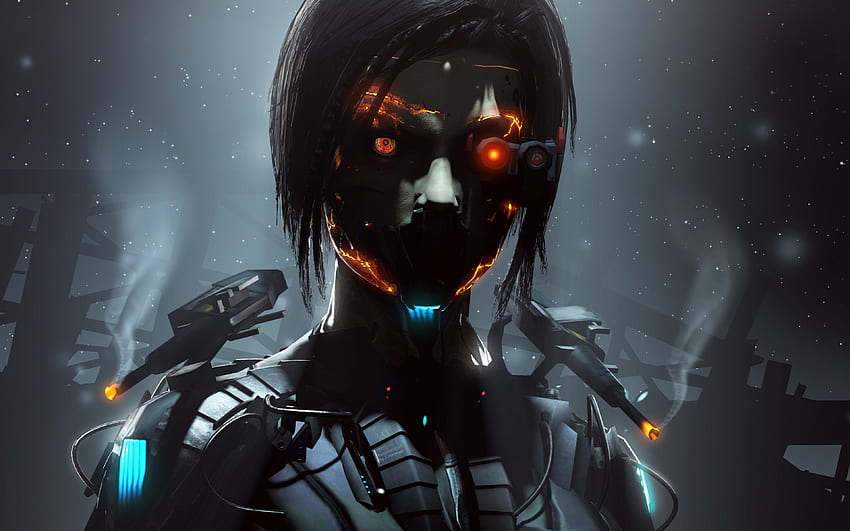 Background Robot Girl Cyborg Orange Eyes Dark, Ultra Dark HD wallpaper