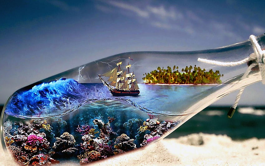 Die Flasche, Schiff, Flasche, Insel, Meer HD-Hintergrundbild