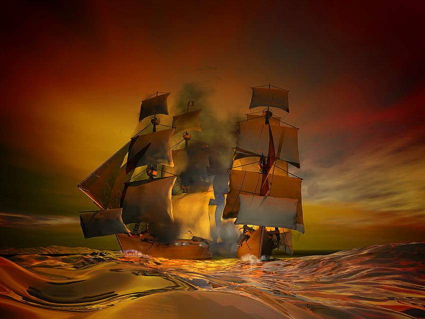荒海の船、海、船、荒い、暗い、闇、波、赤、雲、空 高画質の壁紙