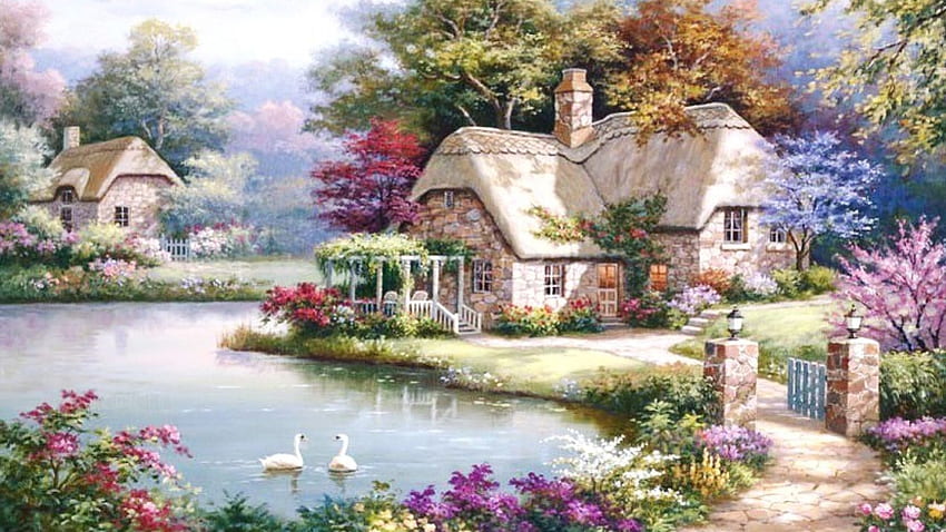 Cottage Way Garden Pond Swans PC und Mac, Englischer Bauerngarten HD-Hintergrundbild