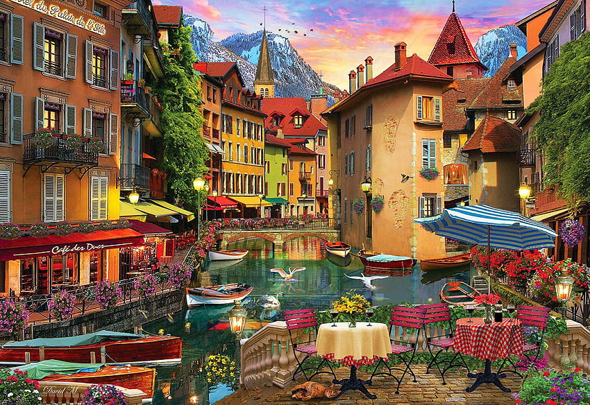 Sunset on the Canal, table, houses, artwork, chairs, restaurant, digital, venice, boats, flowers, sunset HD wallpaper