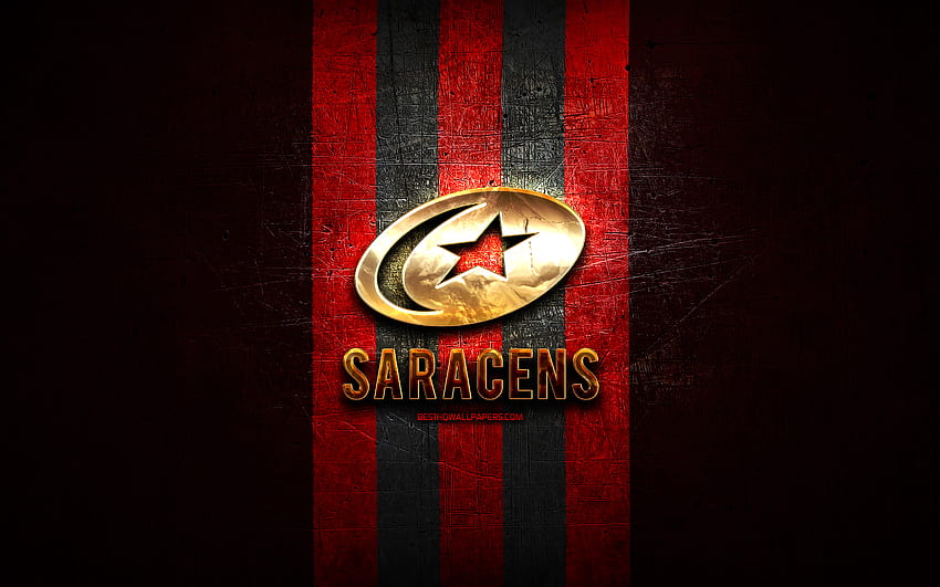 Saracens FC, złote logo, Premiership Rugby, czerwone metalowe tło, angielski klub rugby, logo Saracens FC, rugby Tapeta HD