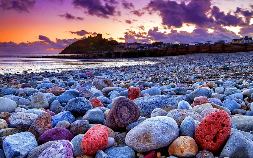 Stone beach, colorful, coast, nice, beach, shore, water, ocean, sunset, sea, beautiful, rocks, stones, pretty, clouds, nature, sky, lovely HD wallpaper