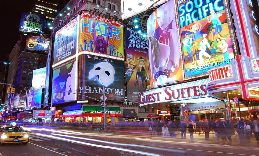 Time Square, New York City, New York, Worte, Architektur, Person, Farben, Menschen, Gebäude, Displays, Lichter, Theater, Straßen HD-Hintergrundbild