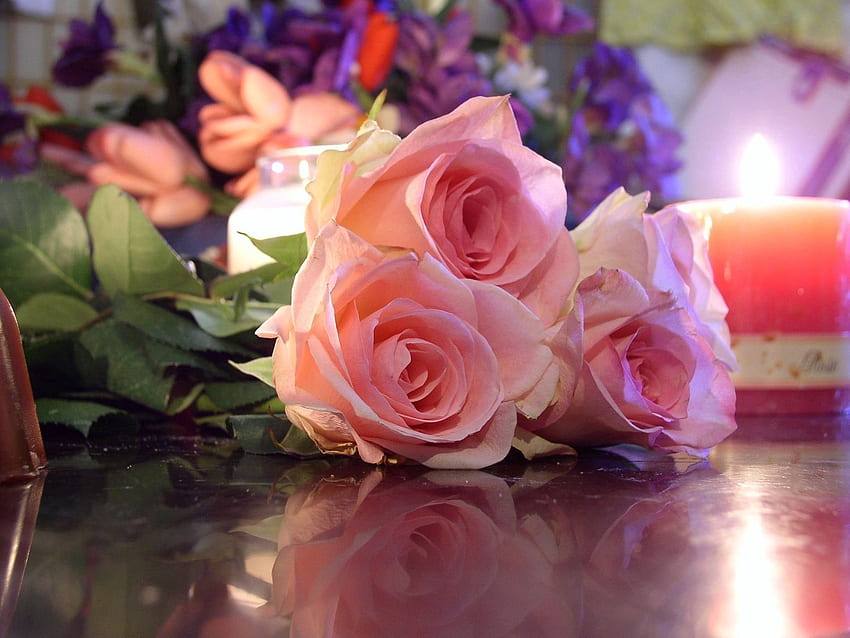 꽃, 장미, 반사, 꽃다발, 로맨스, 양초, 세 HD 월페이퍼