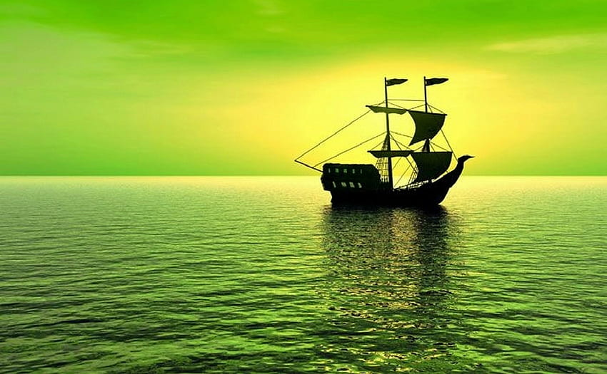Sailing ship at sea, sea, ship, sky, green HD wallpaper