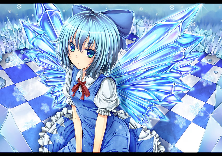 Crystalized Wings, blue, wings, crystals, cute, cold, girl, beautiful, fairy, anime, shine, touhou, snow flakes, cirno, ice HD wallpaper