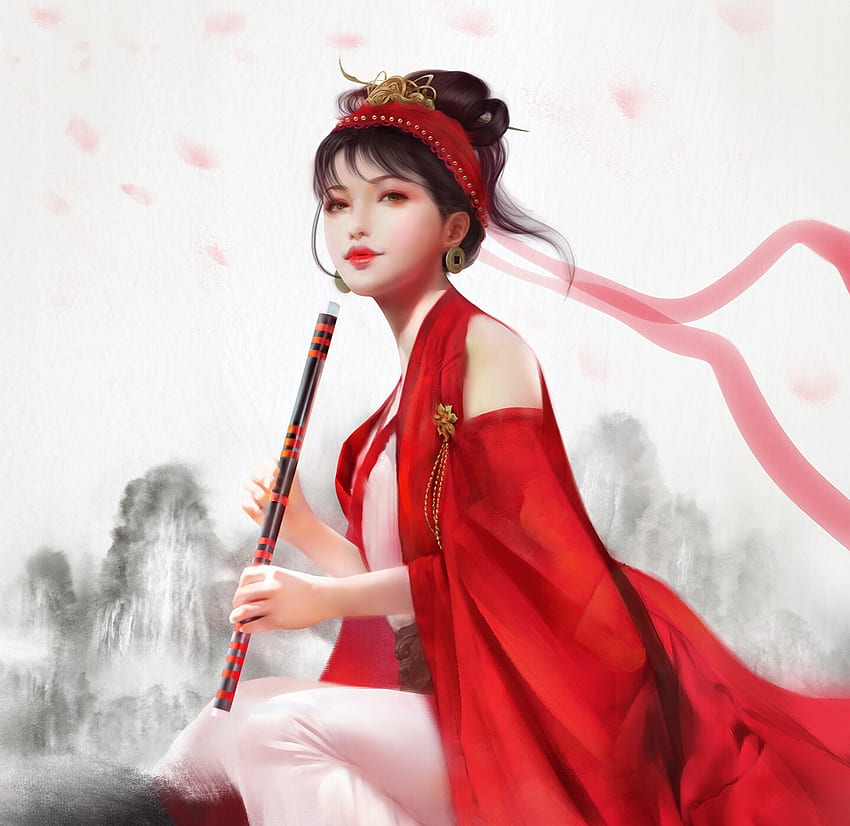 Flute singer, frumusete, flute, jason lan, white, art, asian, gorgeous, girl, superb, instrument, fantasy, red, luminos HD wallpaper