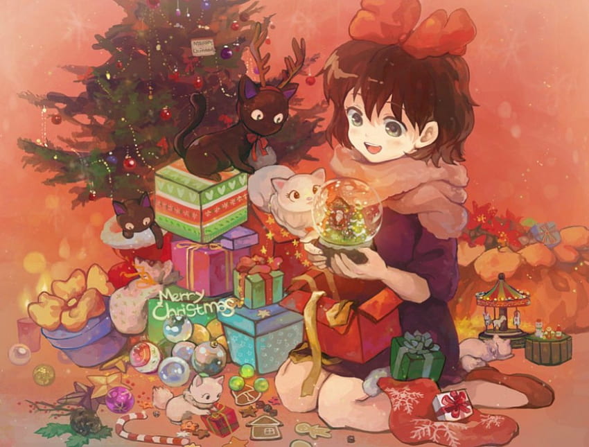 메리 크리스마스!, 동물, 장난감, 소녀, 고양이, 선물, 나무, 애니메이션, 상자, 공, 크리스마스, 빨강, 만화, 어린이, 활 HD 월페이퍼