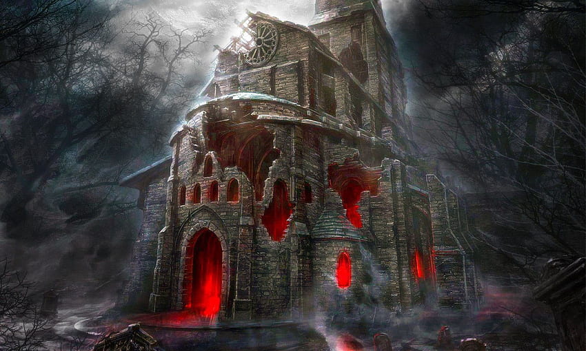 4,95 GBP - Cetakan Berbingkai - Reruntuhan Berhantu Dari Gereja Tua (Seni Poster Horor Gotik) Wallpaper HD