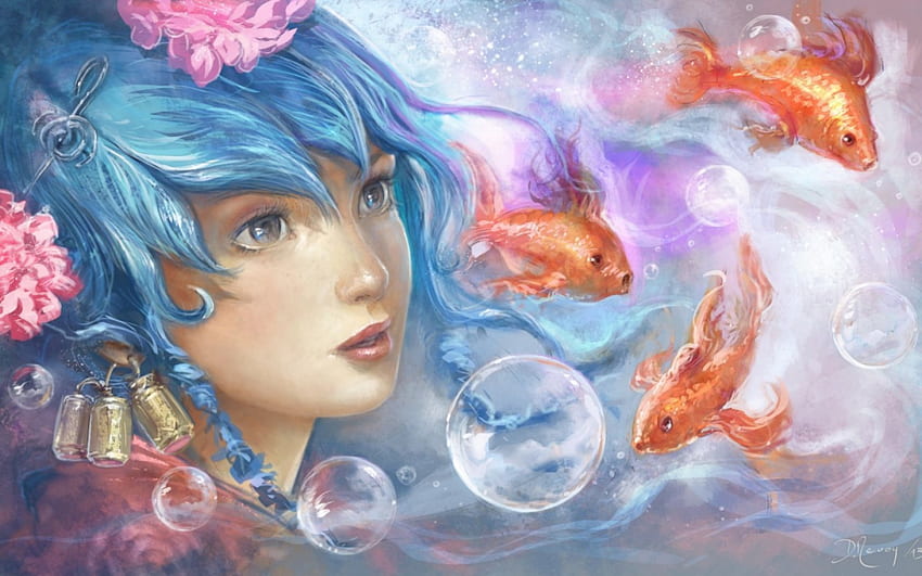 Deniz kızı, mavi, sanat, kız, turuncu, kadın, pembe, fantezi, balık, baloncuklar, su HD duvar kağıdı