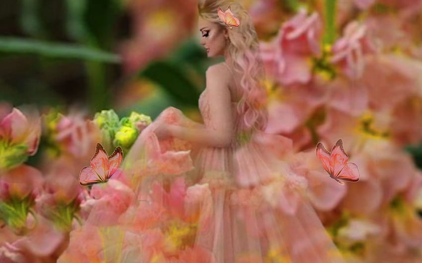 Soft Spring, pink, peach, green, soft, girl, spring, gown, dress HD wallpaper