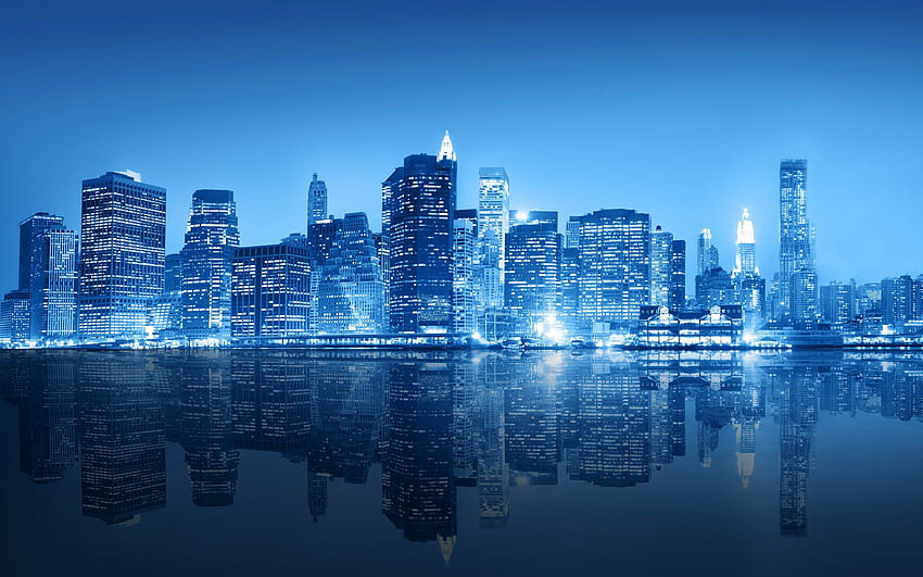 ニューヨーク市の青い夜のスカイライン 高画質の壁紙