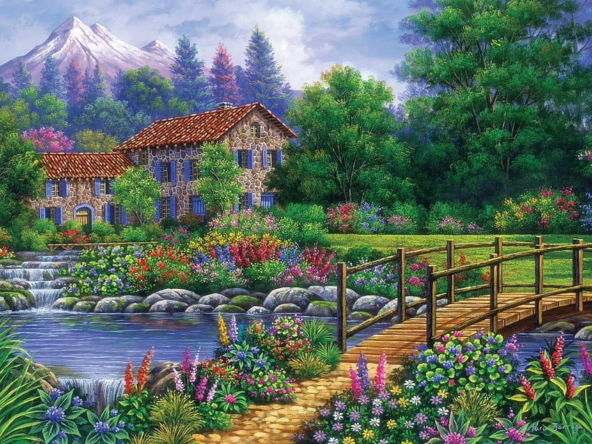 Cascade House, house, creek, bridge, puzzle, cascade, jigsaw, walk HD wallpaper